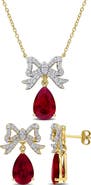 DELMAR Lab Created Ruby & White Sapphire Bow Pendant Necklace & Stud Earrings Set