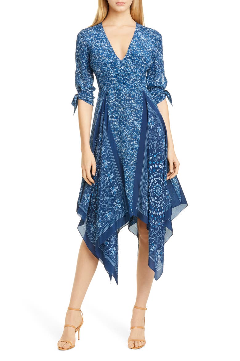 Scarf Print Silk Dress, Main, color, 100316 DEEP TEAL