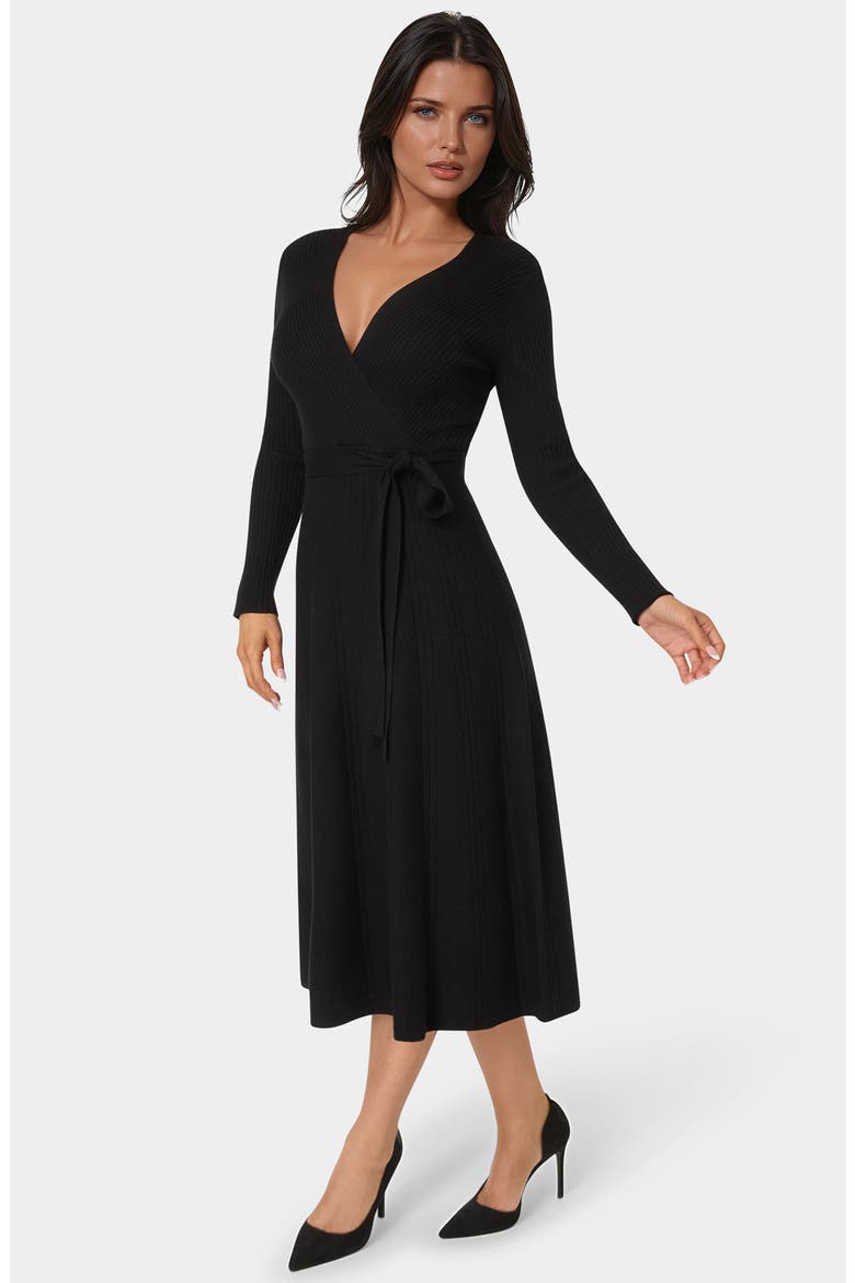 Surplice V-Neck Fit & Flare Sweater Dress, Alternate, color, BLACK