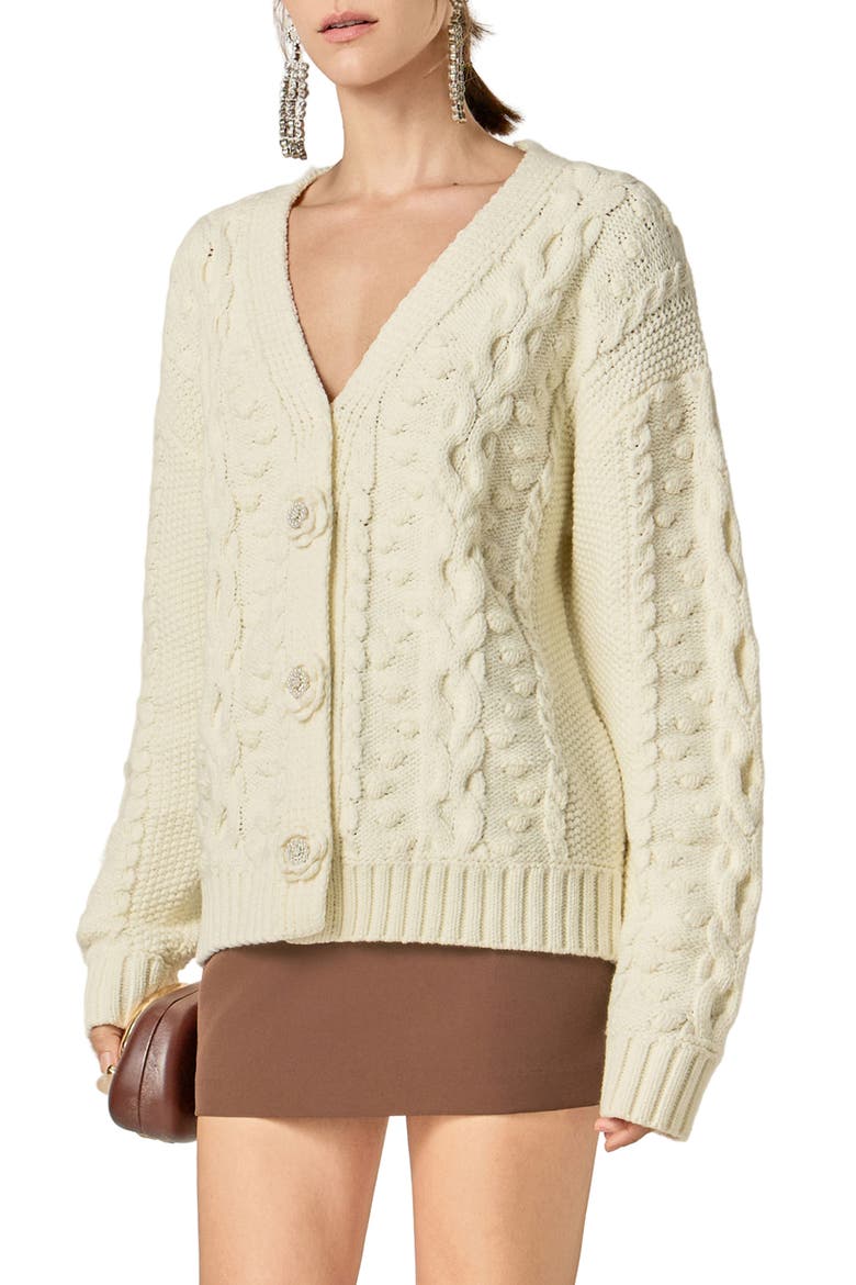 V-Neck Cable Cardigan with Floral Buttons, Alternate, color, OFF WHITE