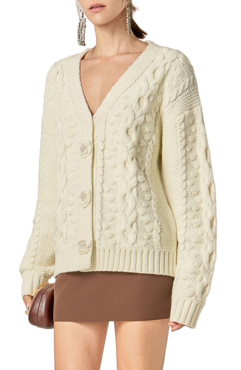 English Factory V-Neck Cable Cardigan with Floral Buttons, Alternate, color, Off White