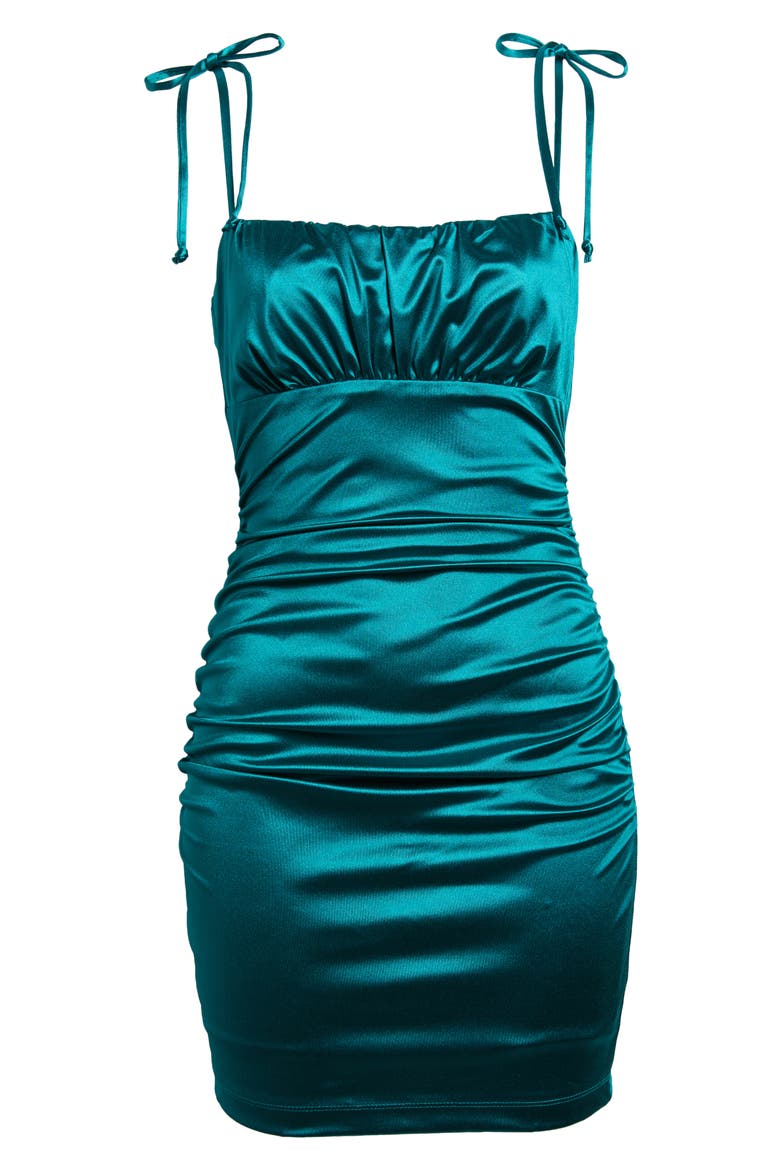 LNL Tie Shoulder Ruched Satin Minidress, Alternate, color, JADE