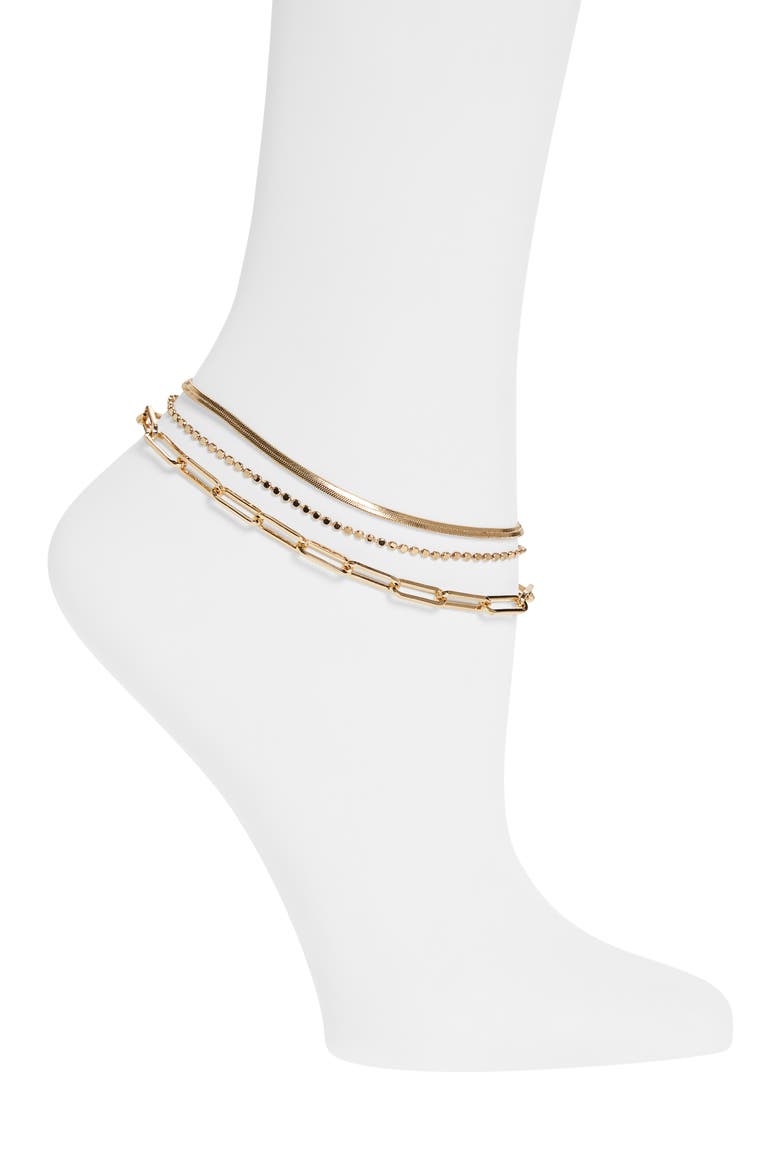 Set of 3 Fancy Chain Anklets, Main, color, GOLD