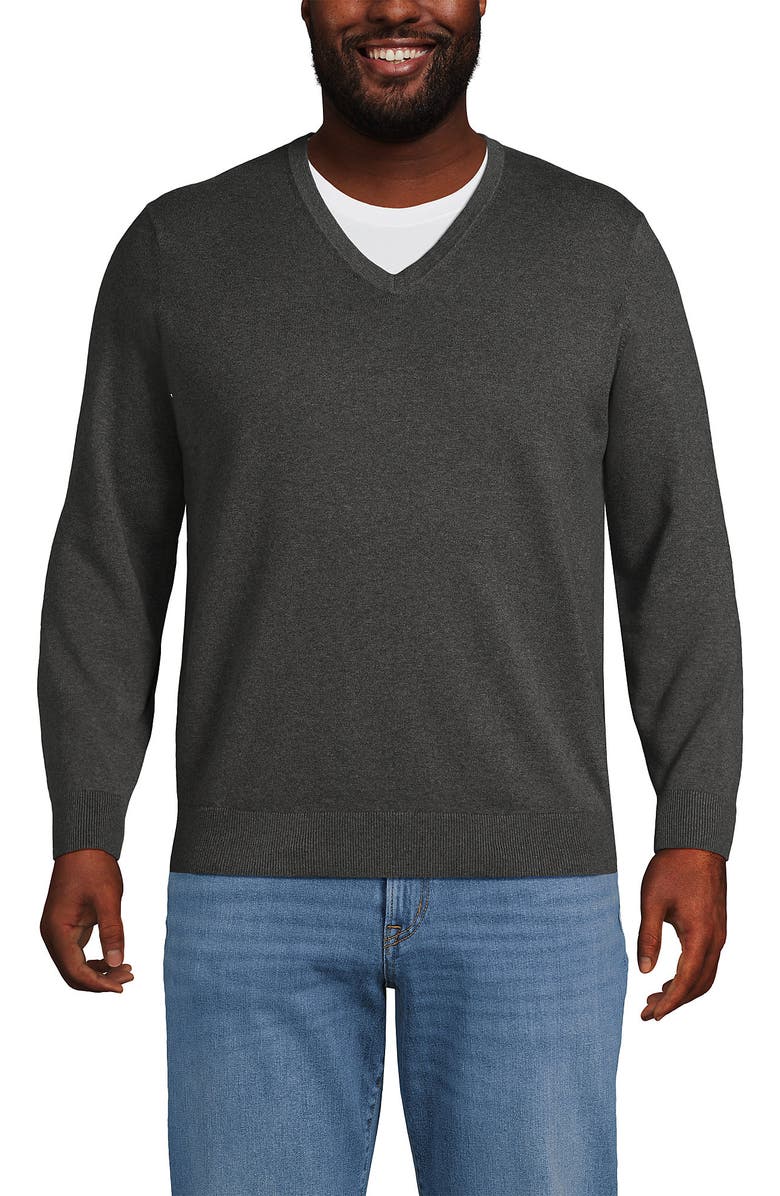 Lands' End Fine Gauge Cotton V Neck Sweater, Alternate, color, Charcoal Heather