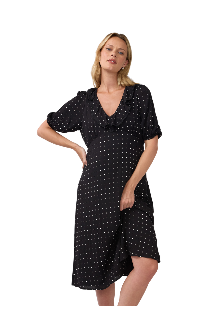 Ruffle V-Neck Maternity Midi Dress, Main, color, Black/White Dot
