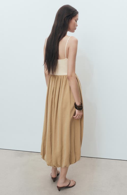 Mango Mixed Media Bubble Hem Midi Dress In Brown