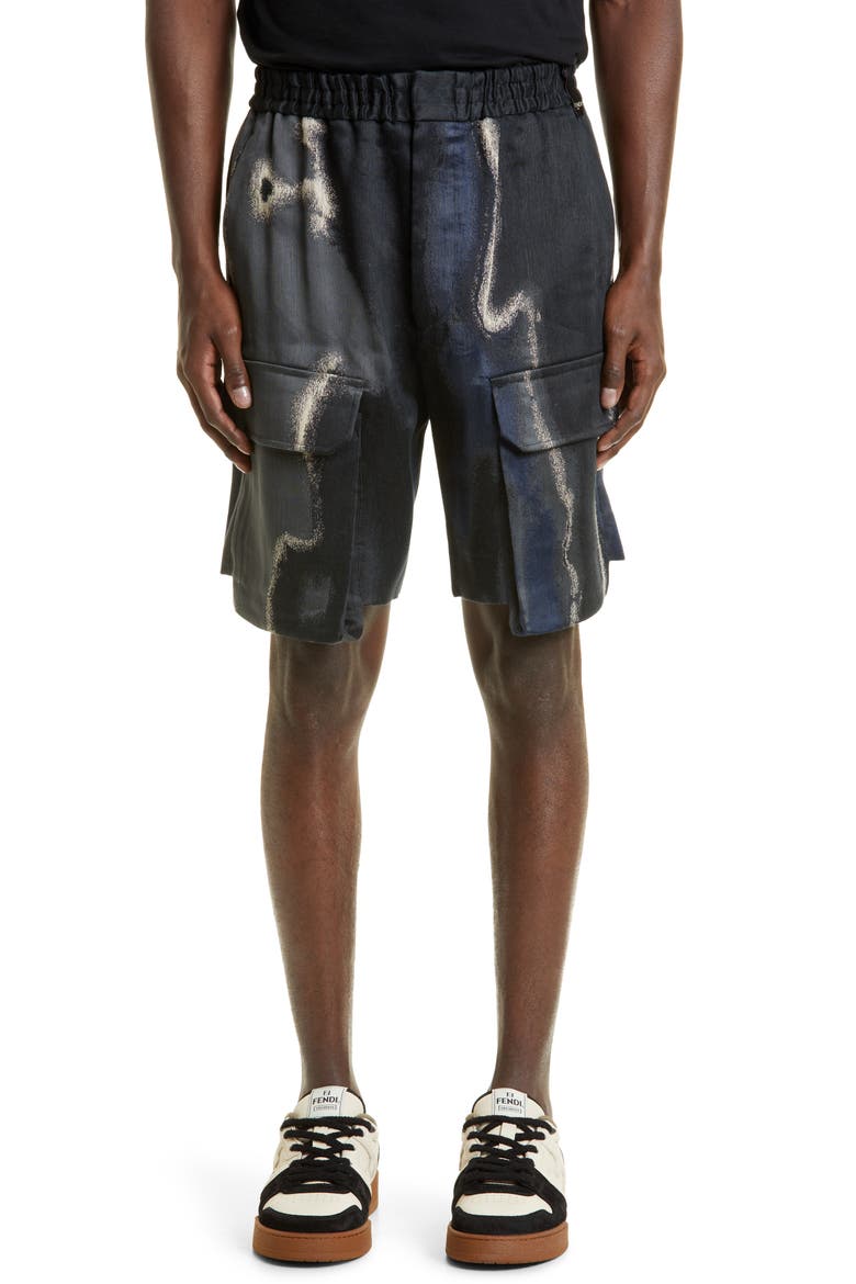 Men's Earth Print Linen, Cotton & Silk Cargo Shorts, Main, color, MOONLIGHT