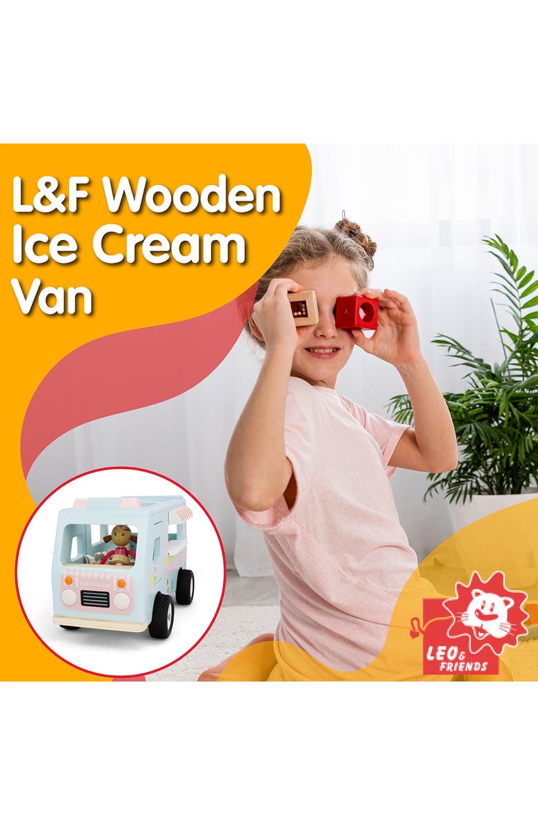 Leo & Friends Wooden Ice Cream Van, 3-Piece Set, for Toddlers 3-Years+ | Wooden Doll House Dolly Ice Cream Van Play Set, Alternate, color, Blue