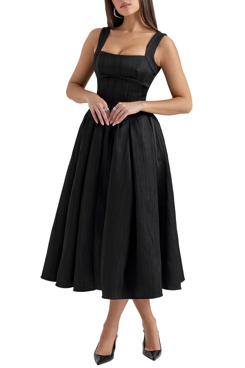 Isabeau Voluminous Fit & Flare Midi Dress, Main, color, BLACK
