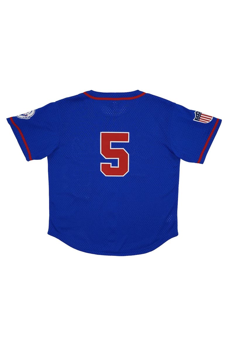Men's Rings & Crwns #5 Royal Indianapolis Clowns Mesh Button-Down Replica Jersey, Alternate, color, Royal
