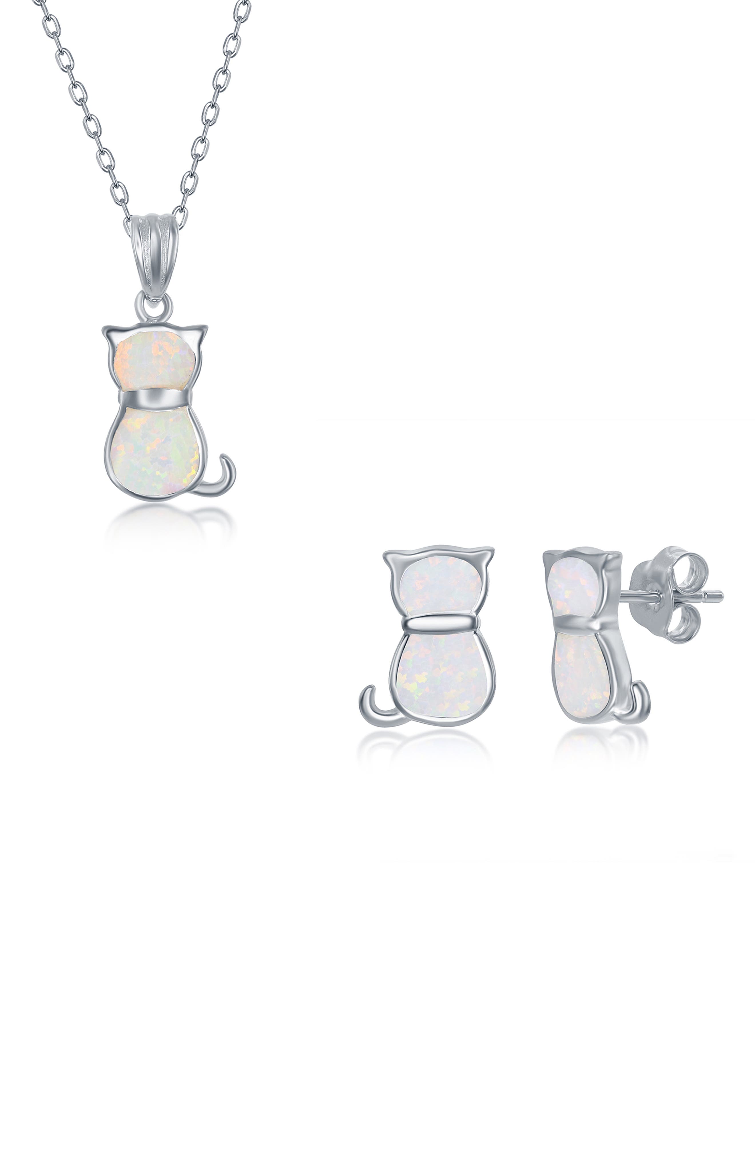 SIMONA Sterling Silver White Inlay Opal Cat Necklace & Earrings Set