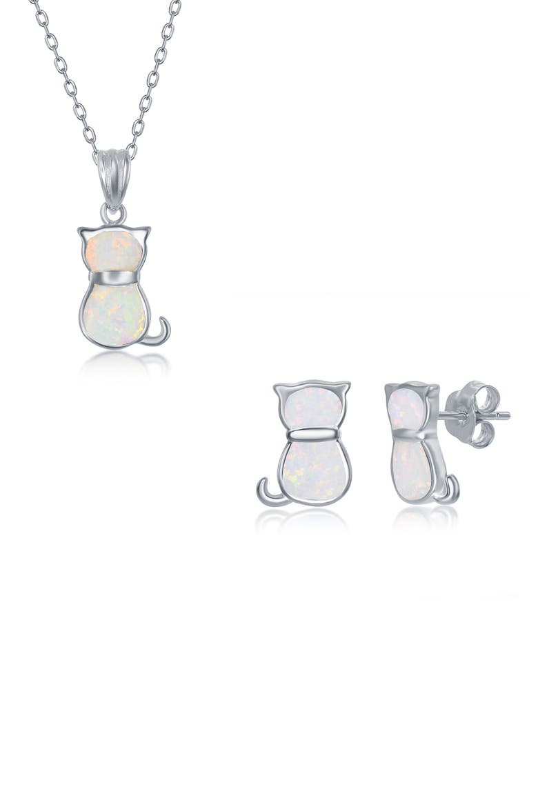 Sterling Silver White Inlay Opal Cat Necklace & Earrings Set, Main, color, WHITE
