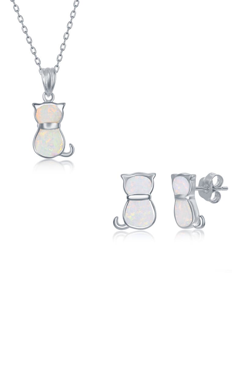 SIMONA Sterling Silver White Inlay Opal Cat Necklace & Earrings Set, Main, color, White