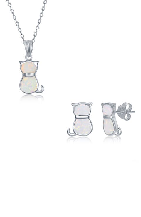 Sterling Silver White Inlay Opal Cat Necklace & Earrings Set