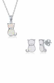 SIMONA Sterling Silver White Inlay Opal Cat Necklace & Earrings Set