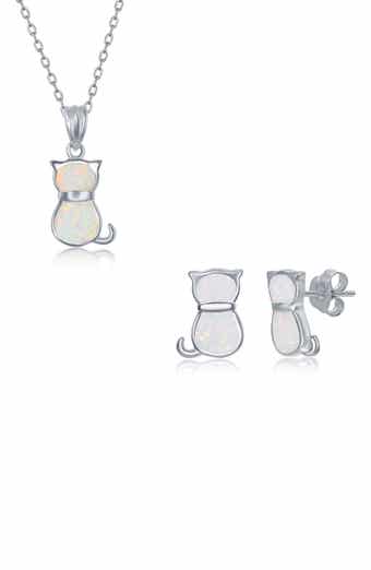 SIMONA Sterling Silver White Inlay Opal Cat Necklace & Earrings Set