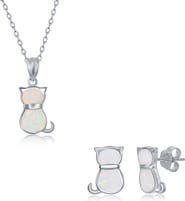 SIMONA Sterling Silver White Inlay Opal Cat Necklace & Earrings Set