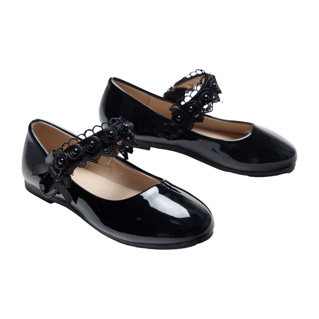 Tulleen Black Patent Rose Pearl Doily Flats In Black