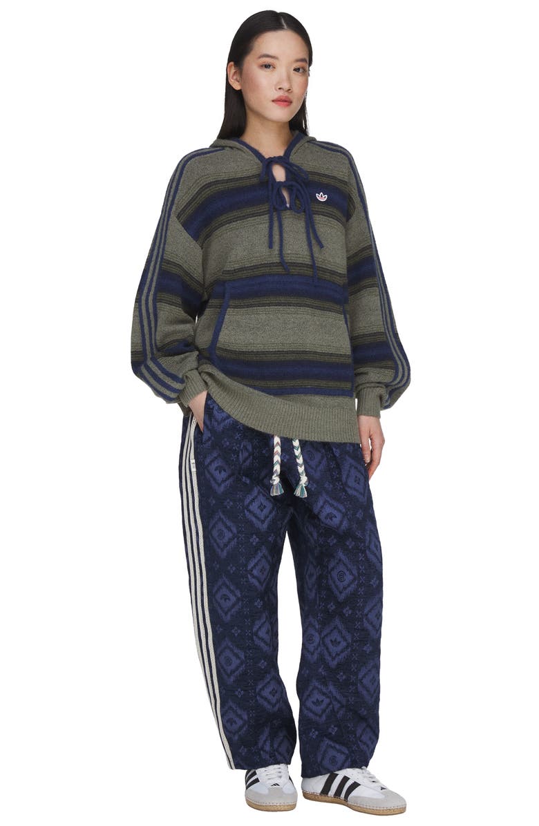 adidas Originals x CLOT Baja Stripe Oversize Hooded Sweater, Alternate, color, Trace Khaki/ Tech Indigo