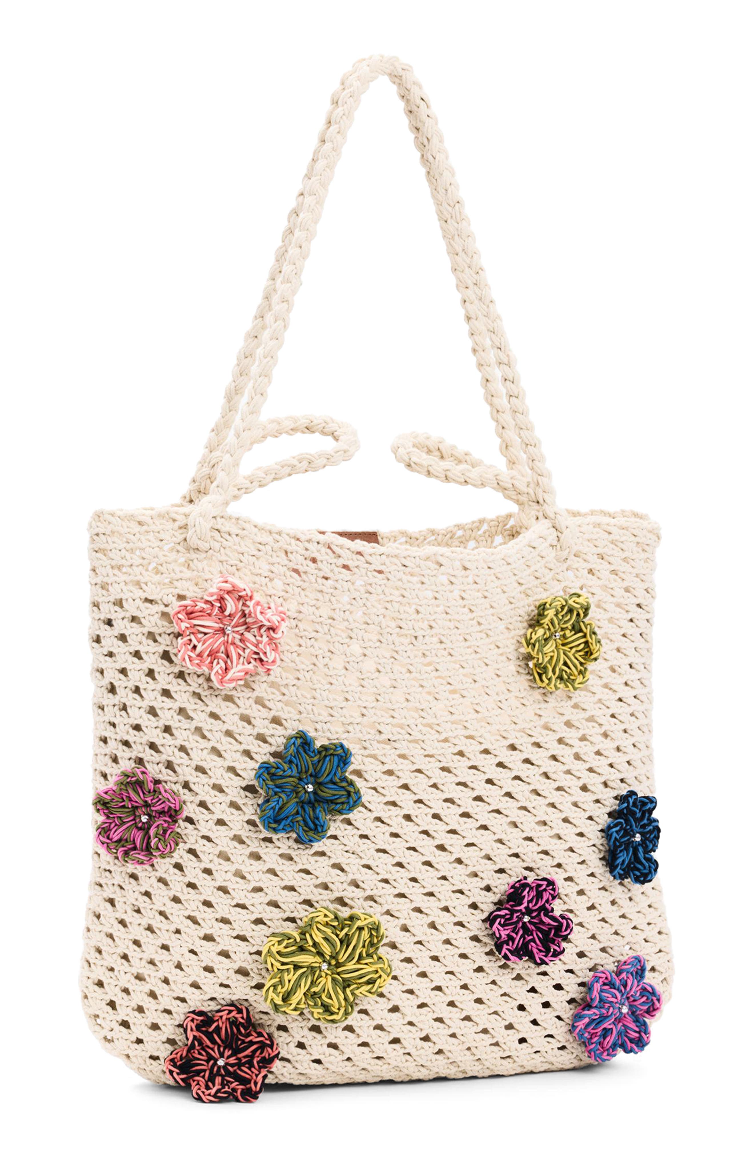 Desigual Floral Appliqué Open Knit Cotton Shoulder Bag, Alternate, color, Ivory Multi
