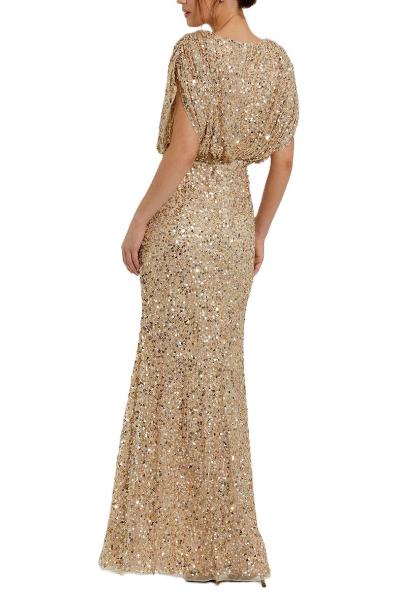 Mac Duggal Draped Sleeve Sequin V-Neck Gown, Alternate, color, Nude Gold