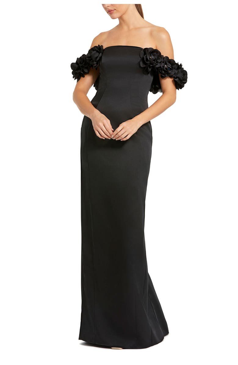 Mac Duggal Satin 3D Flower Off The Shoulder Mermaid Gown, Main, color, Black