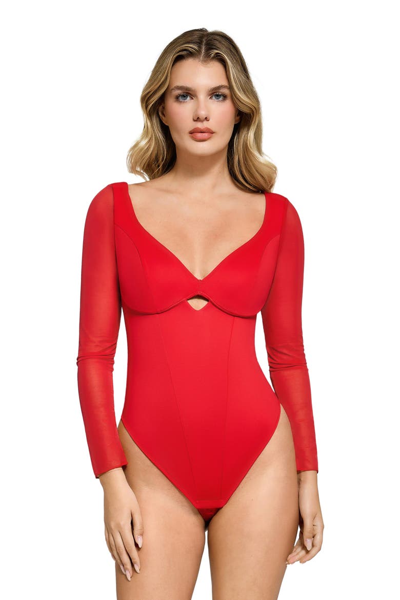 Shapewear Mesh Sleeve Cutout Sweetheart Sculpting Bodysuit, Main, color, Watermelon