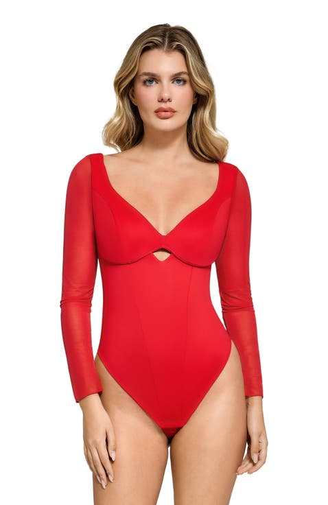 Shapewear Mesh Sleeve Cutout Sweetheart Sculpting Bodysuit