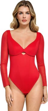 Popilush Shapewear Mesh Sleeve Cutout Sweetheart Sculpting Bodysuit
