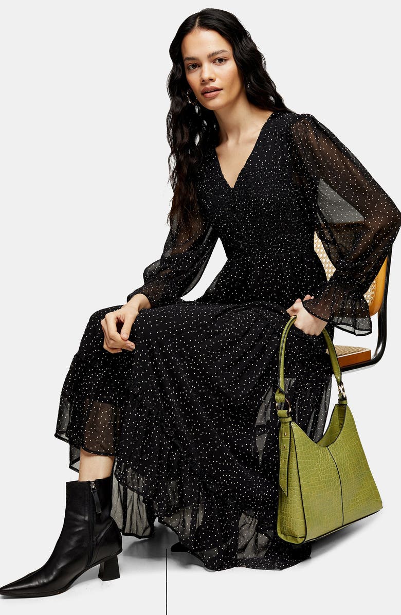 Topshop Shirred Bodice Long Sleeve Dress, Alternate, color, 