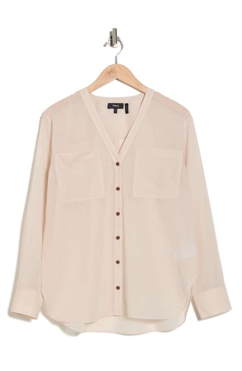 Theory Wool Blend V-Neck Button-Up Shirt, Alternate, color, Sand