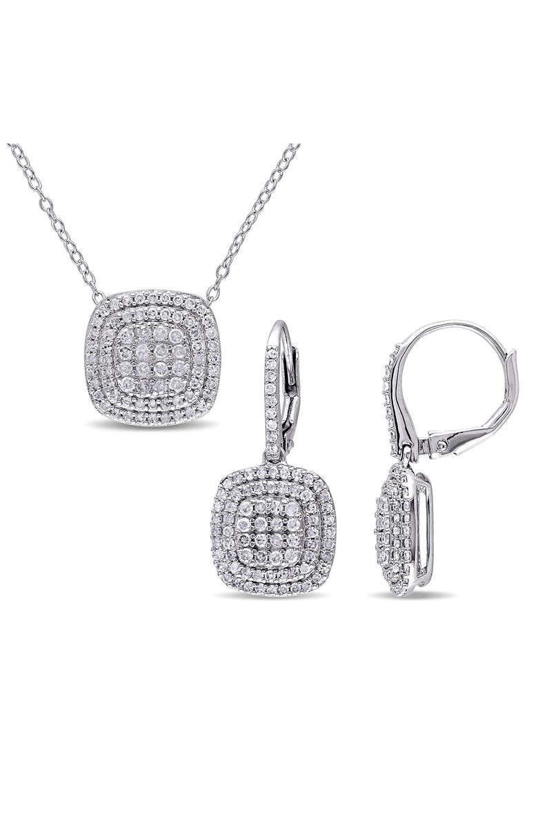 DELMAR Double Halo Diamond Pendant Necklace & Drop Earrings Set - 0.44ct., Main, color, 