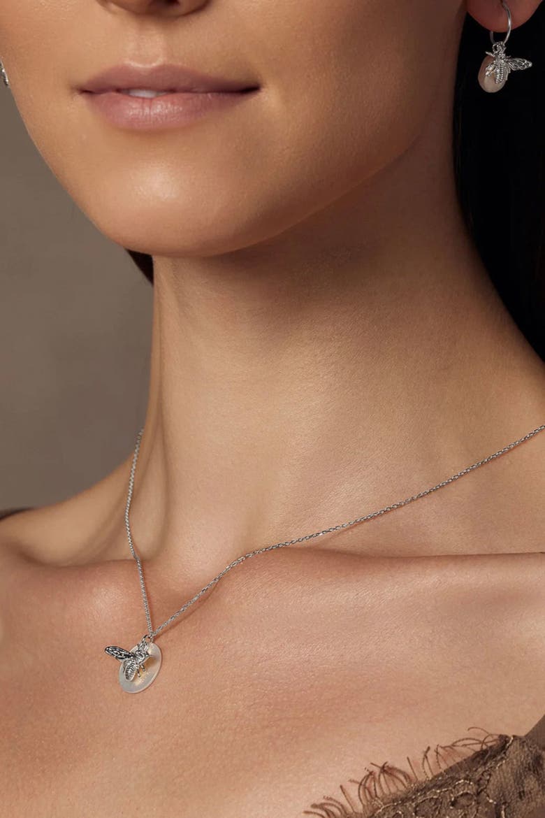 Sterling Silver 18k Gold Plated Bee Pearl Necklace & Earring Set Dainty, Alternate, color, Silver