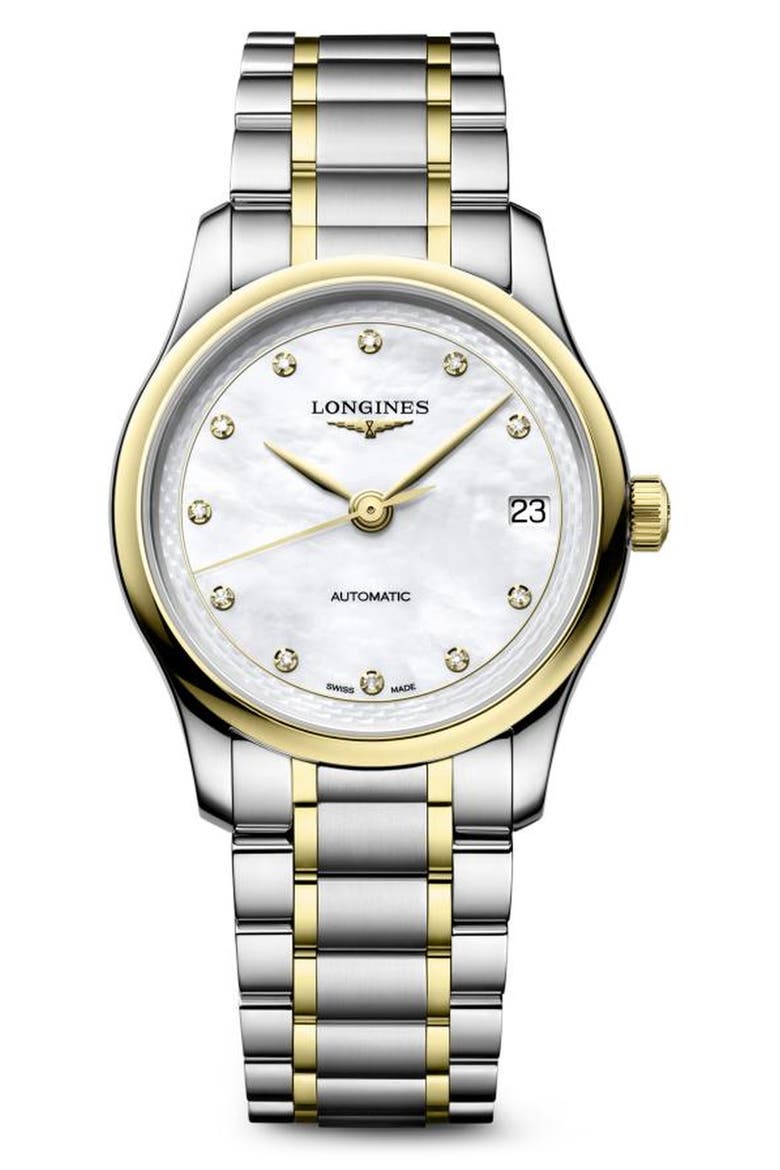 The Master Collection Automatic Diamond Bracelet Watch, 34mm, Main, color, WHITE MOTHER OF PEARL