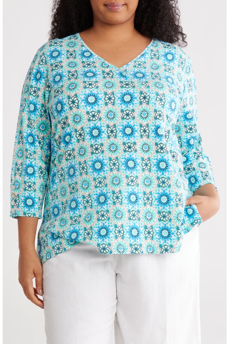 Surplice V-Neck Stretch Cotton Top, Main, color, LAGOON MULTI