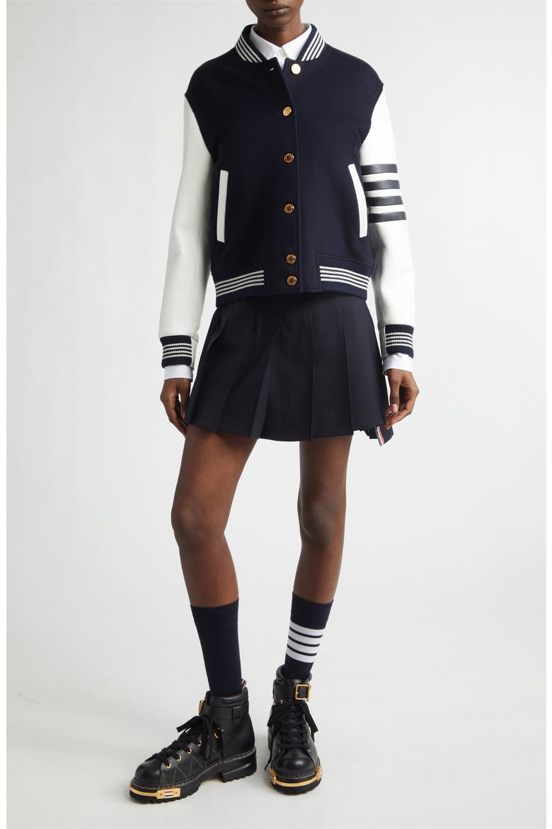 Drop Back Pleated Wool Miniskirt, Alternate, color, NAVY