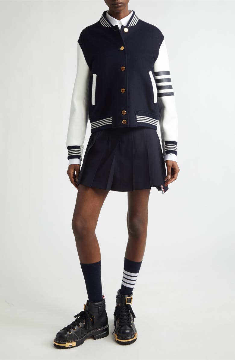 Thom Browne 4-Bar Wool & Leather Varsity Jacket, Alternate, color, Navy