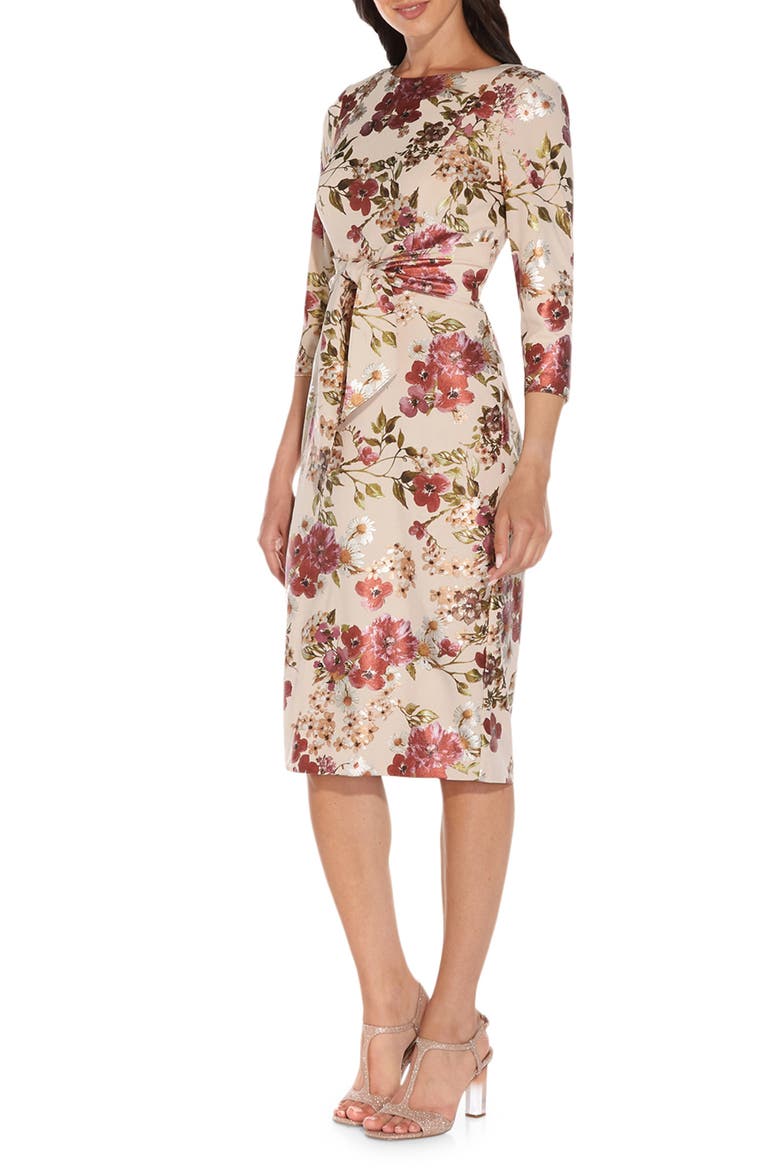 Floral Tie Front Padded Shoulder Sheath Dress, Alternate, color, ALABASTER MULTI