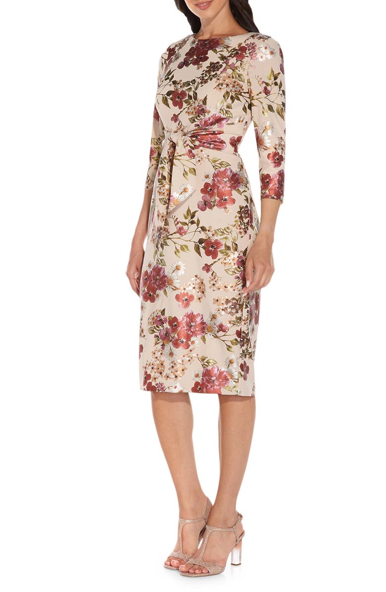 Adrianna Papell Floral Tie Front Padded Shoulder Sheath Dress, Alternate, color, 