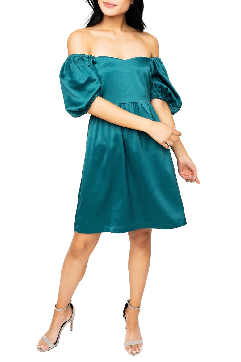 Puff Sleeve Satin Minidress, Alternate, color, STORM