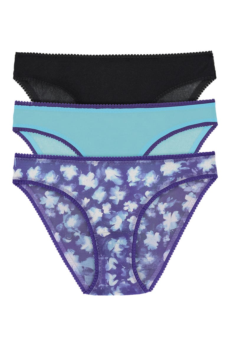 3-Pack Mesh Hip Bikinis, Main, color, BLACK/ DLPHNM BLU/HVNLY FLORAL
