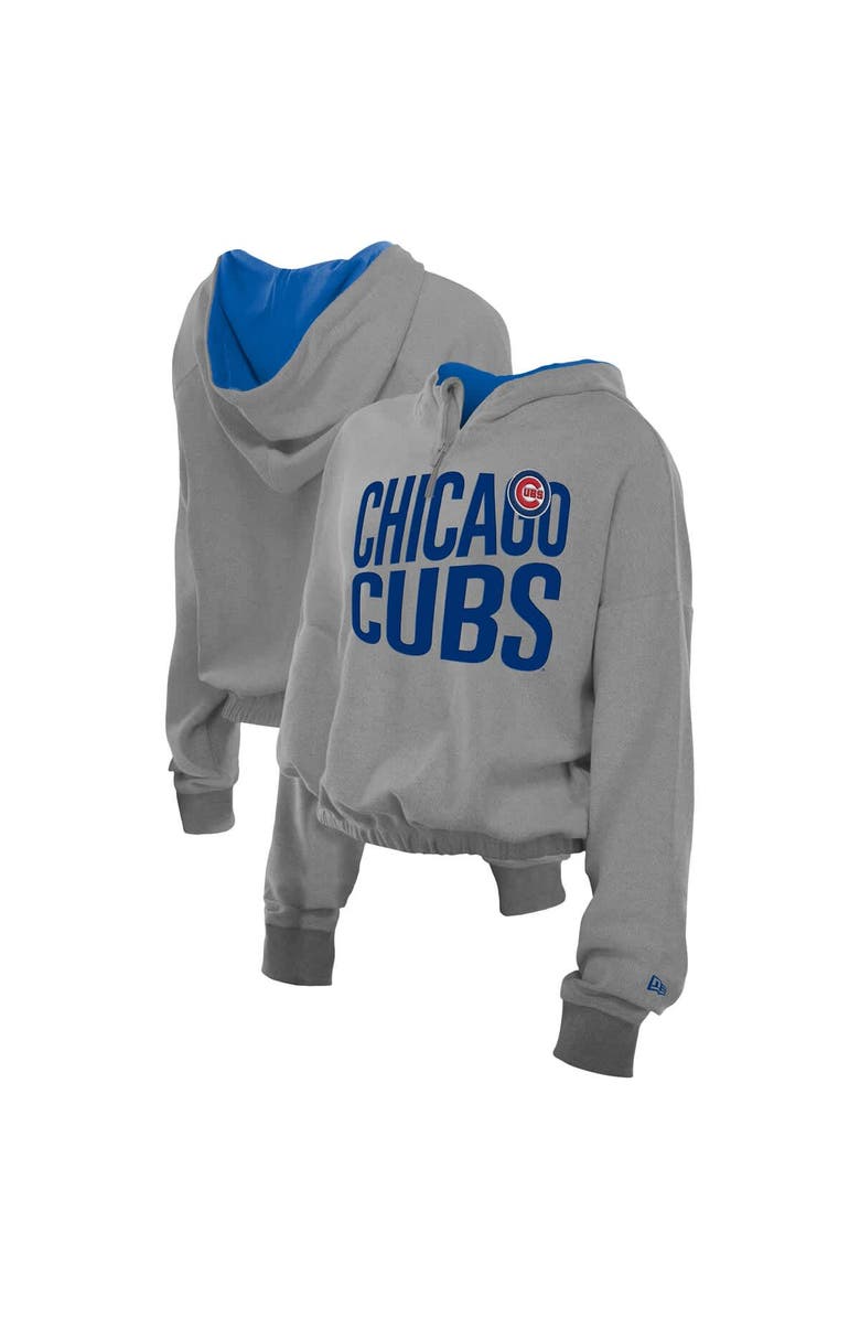 New Era Women's New Era Heather Gray Chicago Cubs Reversed Out French Terry Quarter-Zip Banded Crop Hoodie, Main, color, Heather Gray
