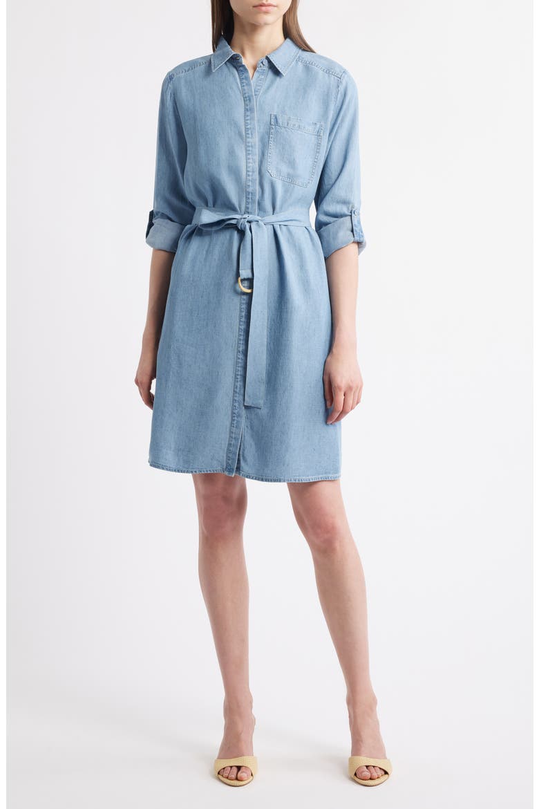 Tie Waist Button Front Long Sleeve Chambray Dress, Main, color, LIGHT BLUE