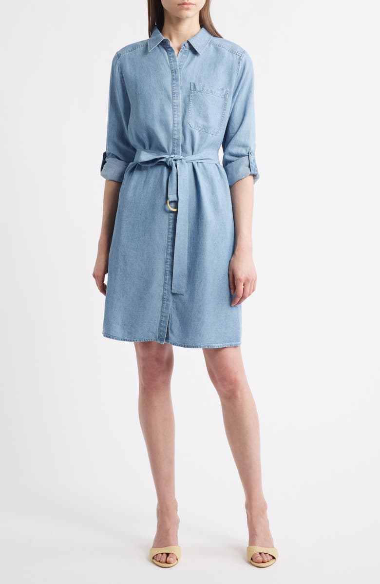 KOBI HALPERIN Tie Waist Button Front Long Sleeve Chambray Dress, Main, color, Light Blue