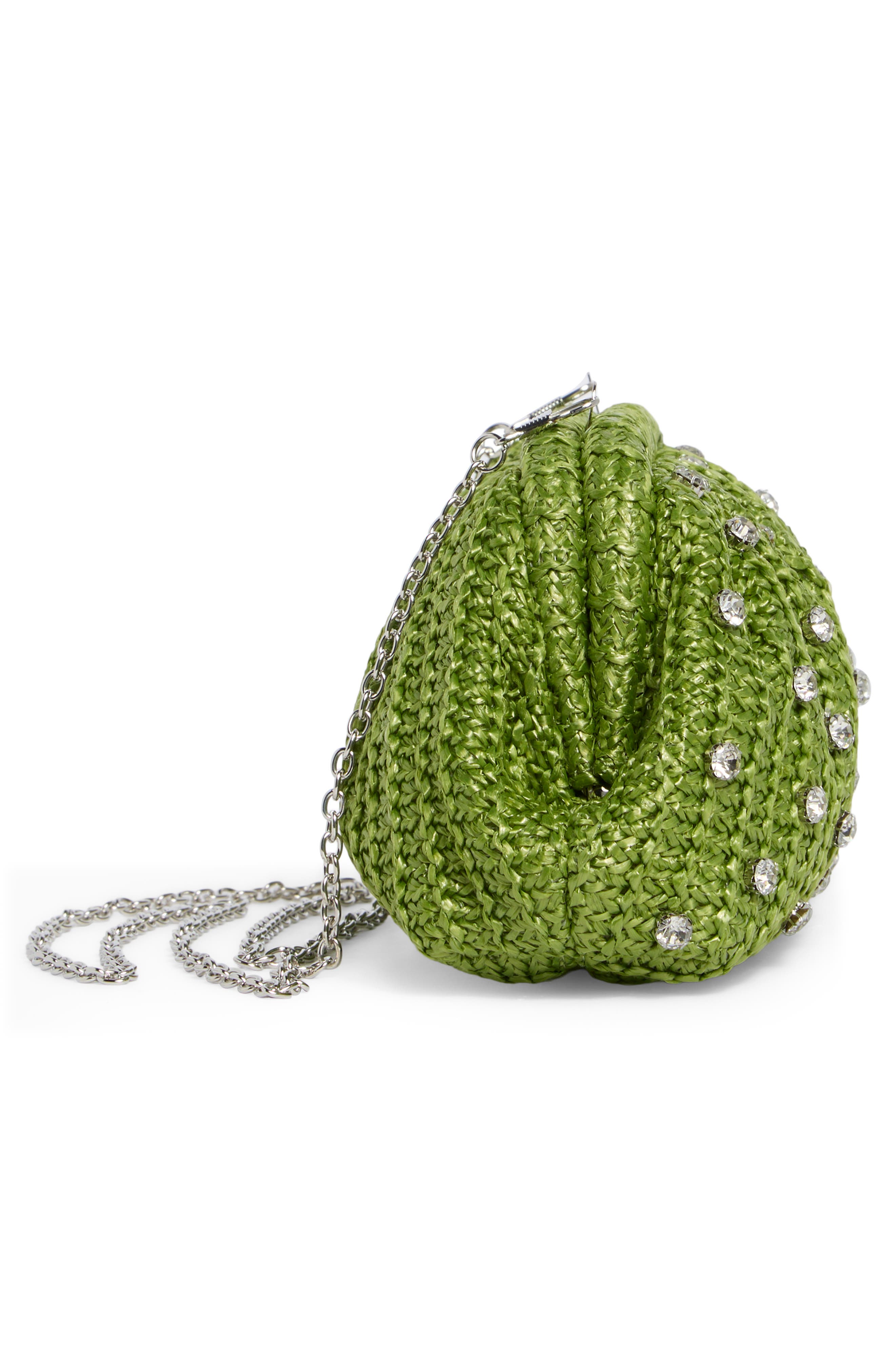 Jessica McClintock Violetta Rhinestone Studded Straw Frame Clutch, Alternate, color, Green