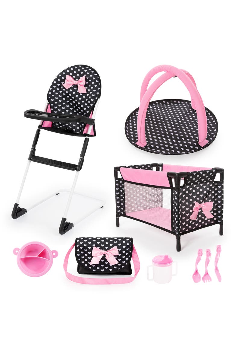 Travel 9 Piece Set Black, Pink, Hearts, for Dolls Up to 18 Inches, Main, color, Multicolored