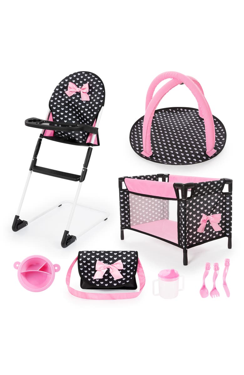Bayer Design Travel 9 Piece Set Black, Pink, Hearts, for Dolls Up to 18 Inches, Main, color, Multicolored