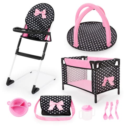 Travel 9 Piece Set Black, Pink, Hearts, for Dolls Up to 18 Inches