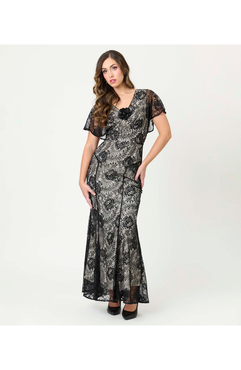 Unique Vintage 1930s Flutter Sleeve Gown, Main, color, Black/Nude