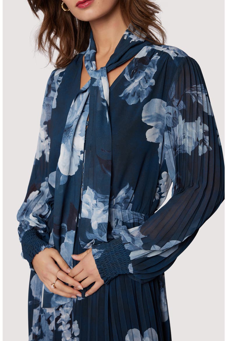 Josephine Floral Pleated Tie Neck Long Sleeve Dress, Alternate, color, BLUE GREY FLORAL